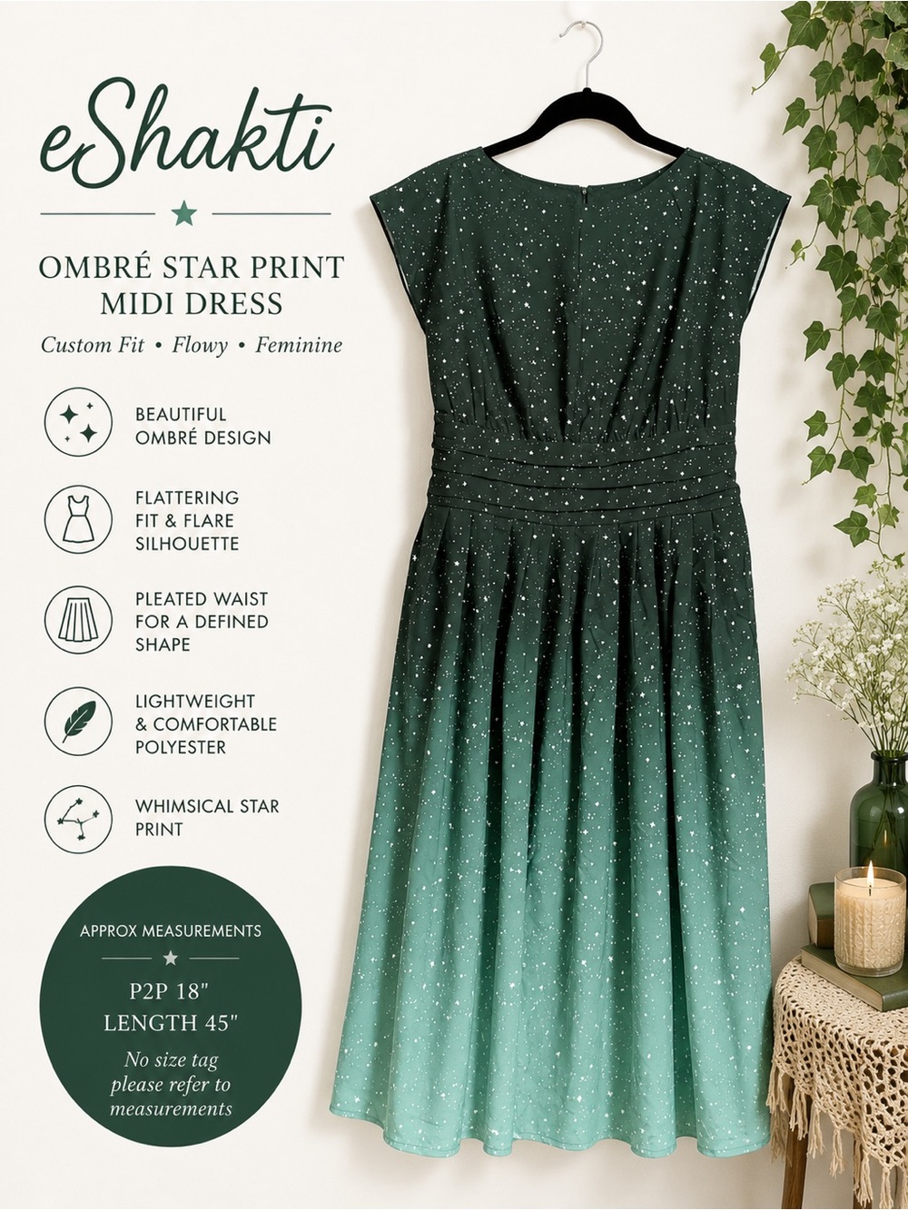 Eshakti Green Ombré Star Print Midi Dress Cottagecore Celestial